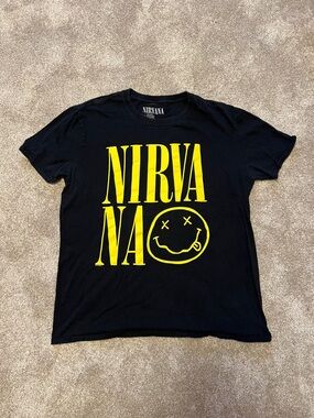 NIRVANA Black Unisex T-Shirt with Yellow Logo and Smiley Graphic
